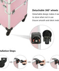 Close-up of detachable 360° wheels and installation steps for a 2 In 1 Rolling Makeup Case For Travel And Studio, Aluminum Frame Cosmetic Train Case