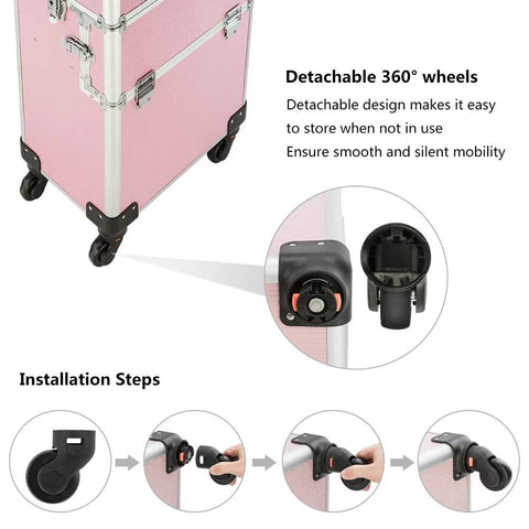 Close-up of detachable 360° wheels and installation steps for a 2 In 1 Rolling Makeup Case For Travel And Studio, Aluminum Frame Cosmetic Train Case