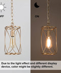 Gold Cage Pendant Light For Kitchen Island And Hallways, shown with light off and on, modern vintage style, metal frame