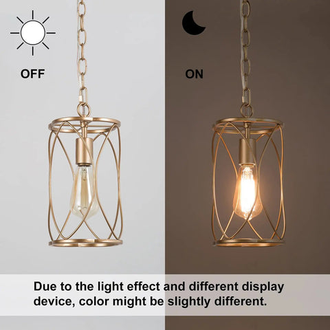 Gold Cage Pendant Light For Kitchen Island And Hallways, shown with light off and on, modern vintage style, metal frame