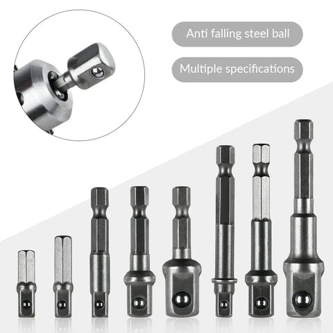 Pro Grade 8 Piece Impact Socket Adapter Set With Hex Shank Drill Bit Adapters For 1 Quarter Inch, 3 Eighth Inch And 1 Half Inch displayed