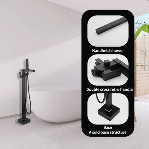 Freestanding Matte Black Bathtub Faucet With Waterfall Spout And Hand Shower Floor Mounted Brass Tub Filler For Modern Bathrooms Durable Brass Construction For Long Lasting Performance And Sleek Minimalist Look standing next to a bathtub with detail views of shower head, handle, and base.
