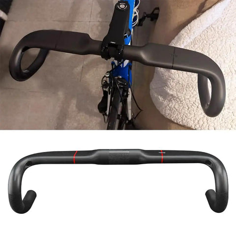 Carbon Road Bike Drop Bars 400mm 31.8mm UD Matte, Internal Routing, Lightweight, Black Red, top and front view on bike