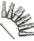 Oscarbide annular cutter set, 7 pcs; 3/4" Weldon shank; 1" cutting depth; diameters 1/2"–1-1/16" with pilot pin.