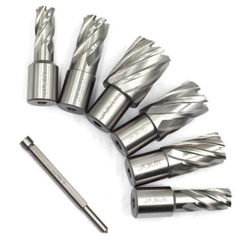 Oscarbide annular cutter set, 7 pcs; 3/4" Weldon shank; 1" cutting depth; diameters 1/2"–1-1/16" with pilot pin.