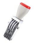 No Sweat 4 Digit Rubber Number Stamp With Adjustable Rotating Tapes For Office Inventory Warehouse Pricing Tags, grey with red handle.