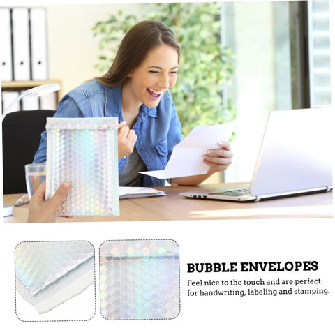 Colorful Bubble Mailer Bags 15 By 20 Cm Plus 4 Cm Waterproof Padded Envelopes held by a person with a woman smiling in the background.