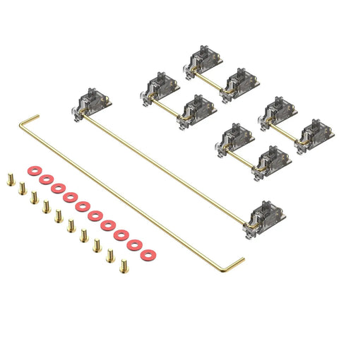 Premium V3 Pcb Mount Screw-In Keyboard Stabilizers With Pre-Clipped Stems And Elastic Support Base showing screws, washers, and stabilizers.