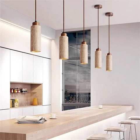 Yellow Travertine Pendant Light In Nordic Wabi Sabi Style, Cylindrical E27 ceiling fixture over kitchen island