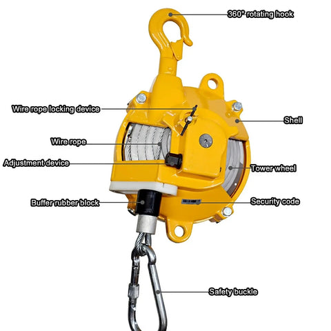 Retractable Tool Balancer And Hanging Tool Holder For Auto Molds And Welding Lines No Power Needed Heavy Duty Powder Coated Rope Supports 80 To 100 Kg Capacity For Robot Arm Work And Assembly Lines, yellow shell