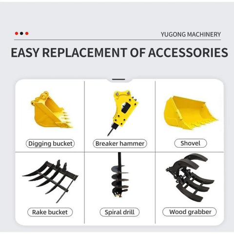 Towable Backhoe Loader With Front End Loader And Excavator Capabilities accessories including dig bucket, hammer, shovel.