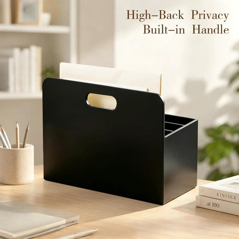 Black six slot desk mail organizer countertop caddy with two A4 compartments for office use on desk