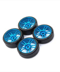 Set of four sky blue metal RC steering wheel upgrade for one twenty eighth scale cars, 26.5mm outer diameter, aluminum build