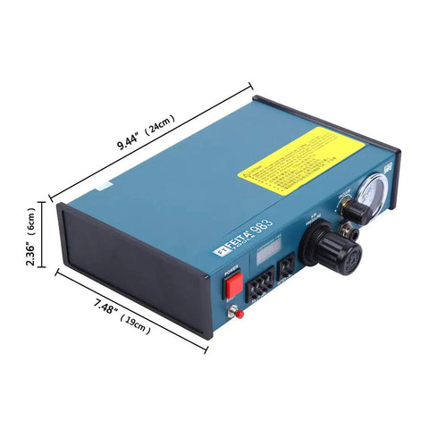 Auto Glue Dispenser With Digital Display 110V Solder Paste Liquid Adhesive Controller Dropper Machine Model 983, labeled dimensions.