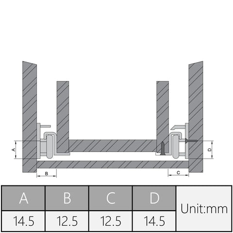 Technical diagram of 14 Inch Cold Rolled Steel Drawer Slide Glide Kit with measurements in millimeters, including ball bearing track details.