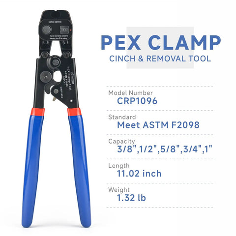 Ratchet Pex Cinch And Remove Tool For Three Eighths To One Inch Stainless Steel Clamps, Universal Clamp Cinching Tool For Pex Lines, Works With ASTM F2098 And Non F2098 Single Ear Hose Clamps, Easy Cinch Remove And Reuse, shown front view