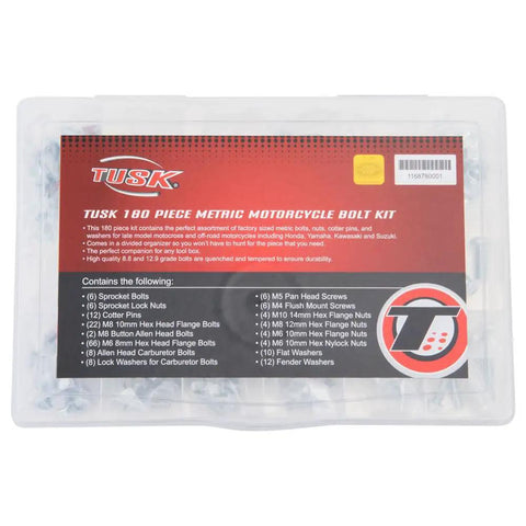 180 Piece Metric Motorcycle Bolt Kit With Nuts, Cotter Pins, And Washers For Late Model Motocross And Off Road Bikes Including Honda, Yamaha, Kawasaki, And Suzuki, Featuring High Grade 8.8 And 12.9 Bolts Quenched And Tempered kit packaging