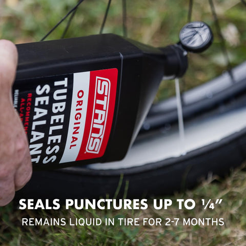 Pouring Ultra Fast Tubeless Tire Sealant For Bikes That Seals Punctures Up To Six Point Five Millimeters And Is Long Lasting