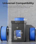 Multi-Kilo Filament Dryer for 1kg to 5kg spools, showing various spool sizes, fireproof and moisture-proof enclosure with detachable heating module