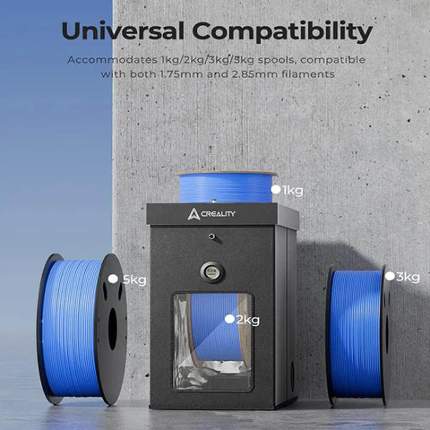Multi-Kilo Filament Dryer for 1kg to 5kg spools, showing various spool sizes, fireproof and moisture-proof enclosure with detachable heating module