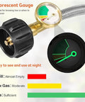 Stainless Steel Braided 18 Inch RV Propane Hose With Gauge Pack Of Two showing fluorescent gas gauge for easy night use