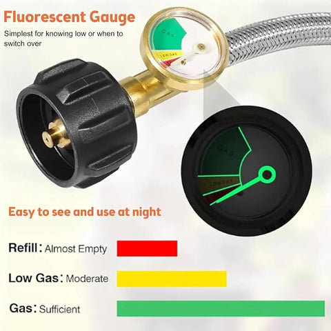 Stainless Steel Braided 18 Inch RV Propane Hose With Gauge Pack Of Two showing fluorescent gas gauge for easy night use