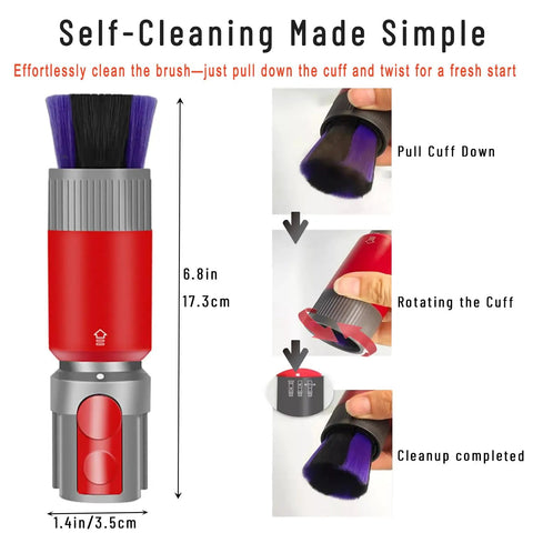 Self-cleaning brush from 3-In-1 Vacuum Attachment Bundle With 23 Inch Flexible Crevice Tool, showing cleaning steps.