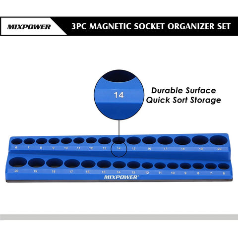 Magnetic Socket Organizer Tray Set For One Quarter, Three Eighths, And One Half Inch Drive Sockets, 75 Slot Capacity, Heavy Duty Blue Holder
