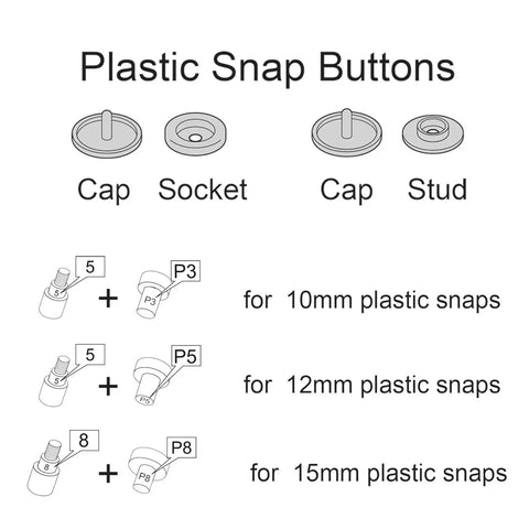 Plastic snap button sizing guide illustrating 10mm, 12mm, and 15mm components for Premium Pink Snap Button Kit With Heavy Duty Aluminum Pliers And Full Die Set Including Resin Metal Snaps Plus Eyelet Grommets For Effortless Jacket Repairs And Nifty DIY Apparel Projects.