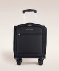 Front view of Verage black underseat carry-on luggage with extendable handle and four spinner wheels.