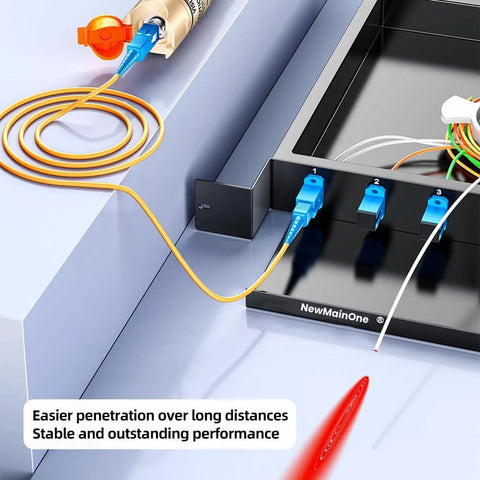 NewMainOne visual fault locator for fiber optics with red laser, attached to a blue 3-port patch panel.