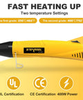 Yellow Stearnel heat gun HG-3502 with black nozzle, 400W; UL and CE certification icons visible.