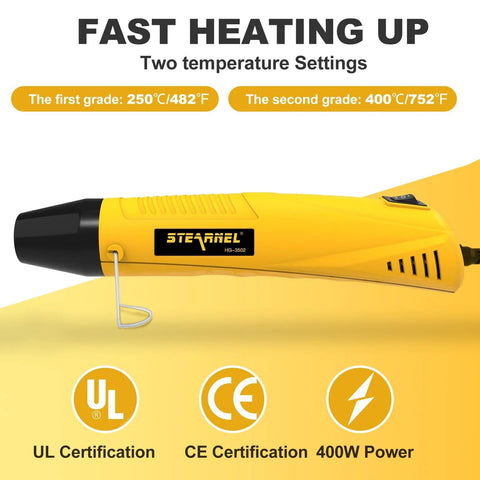 Yellow Stearnel heat gun HG-3502 with black nozzle, 400W; UL and CE certification icons visible.