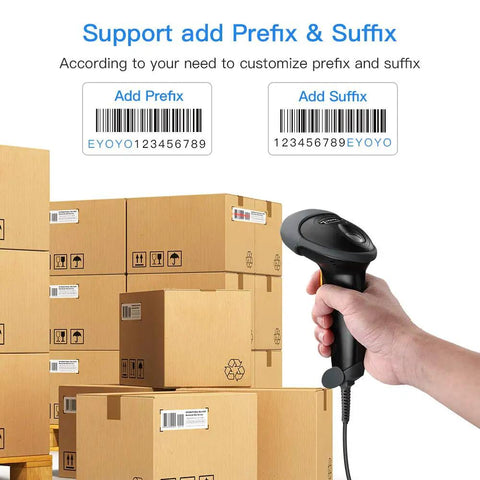 Handheld USB 2D Barcode Scanner Wired Plug And Play Automatic QR Code Reader scanning boxes in a warehouse for inventory management.