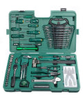 General Household And Auto Repair Tool Kit With 58 Piece Socket Wrench Set In Plastic Toolbox Storage Case For DIY Projects Home And Auto Maintenance Includes Screwdrivers Pliers Ratchets Bits And More, open case view with tools.