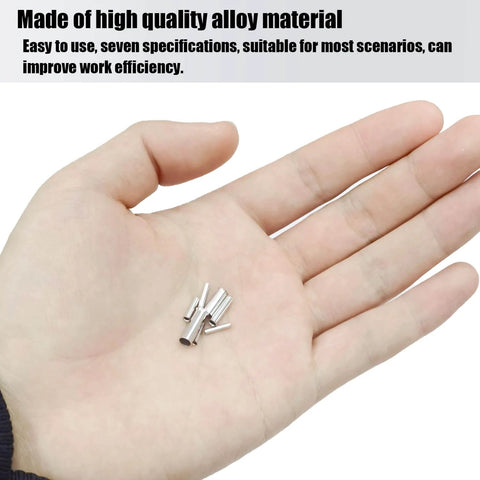 Hand holding 600 Pcs Wire Ferrules Kit In 7 Sizes Tinned Copper Crimp Connectors For 22 To 10 AWG Non Insulated Cable End Terminals Assortment Pack For Quick Clean Electrical Connections In DIY Automotive And Pro Projects