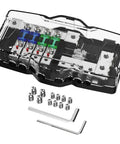 Four Way MIDI Fused Distribution Block For Car Audio And Marine Systems, 12V Wiring, Supports Two Inputs And Four Outputs, Ground Connection, 0 To 4 Gauge Capacity, Includes Mini ANL Fuse Mount For Safe Organized Power, clear cover