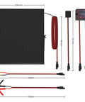 Rugged 25W Monocrystalline Solar Panel Kit With Smart MPPT Controller for measuring dimensions and cable lengths.