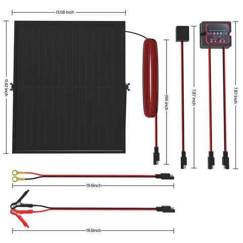 Rugged 25W Monocrystalline Solar Panel Kit With Smart MPPT Controller for measuring dimensions and cable lengths.