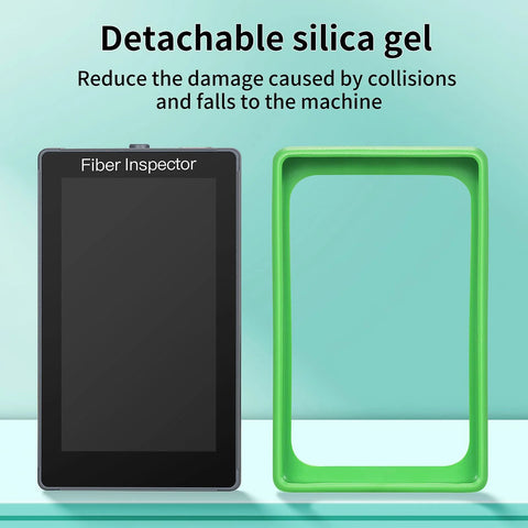 Fiber Inspector handheld fiber optic video probe with 5-inch touchscreen; black unit beside green protective frame.