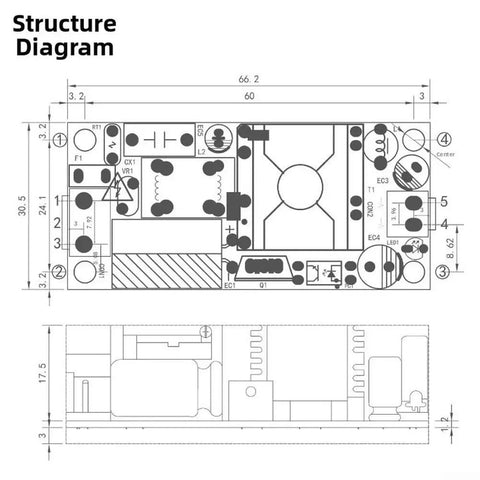 24W 48V 0.5A AC to DC Switching Power Supply Module With Bang-For-Your-Buck Overvoltage And Overcurrent Protection For Industrial Control Systems Wide Input 85-264VAC And 120-373VDC High Efficiency Up To 86% Green Compact Design structure diagram with 66.2x30.5mm dimensions