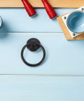 Six Vintage Black Metal Drawer Pull Handles Set For Dressers And Cabinets Retro Ring Cabinet Knobs on blue wood surface