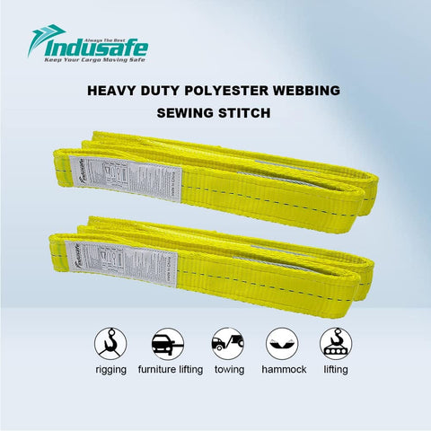 Heavy duty polyester webbing with Indusafe branding for Two Inch By Three Foot Poly Web Sling Lifting Strap With Six Thousand Two Hundred Pound Vertical Rating For Rigging On Construction Sites Moving Towing Hoisting And Heavy Lift Gear.