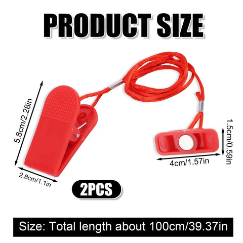 Two Pack Treadmill Magnet Safety Keys Universal Emergency Stop Magnetic Switch shown with dimensions and red cord