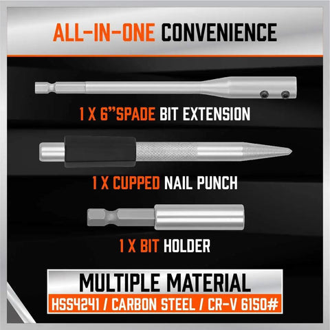 Premium 246 Piece Drill Bit Set for Wood Metal Concrete with Screw Driving Kit including spade bit extension and nail punch