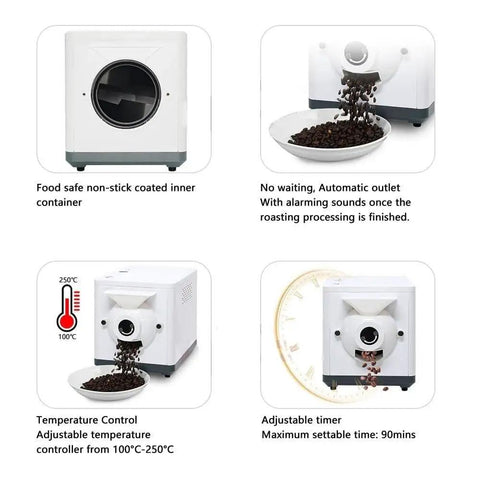 Heavy Duty Electric Coffee Bean Roaster Machine With Rapid Heat Cycling And Fool Proof Timers For Bold Flavor Hits And Easy Peasy Roasting Sessions Straight At Home featuring a non-stick inner container and adjustable timer.