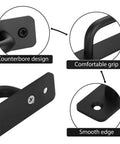 Close-up of Black Barn Door Handles 4 Pack With 5 Inch Hole Center Aluminum Sliding Door Pulls for Pocket Doors with features