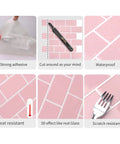 Pink Subway Tile Peel And Stick Backsplash Kit showcasing adhesive strength, cutability, waterproofness, heat, 3D effect, and scratch resistance.