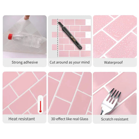 Pink Subway Tile Peel And Stick Backsplash Kit showcasing adhesive strength, cutability, waterproofness, heat, 3D effect, and scratch resistance.