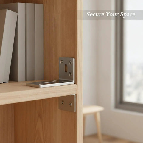 Heavy-Duty Stainless Steel L Bracket for Cabinet and Shelf Repair, 3.3 x 2.2 Inch Angle Brace shown on wooden shelf
